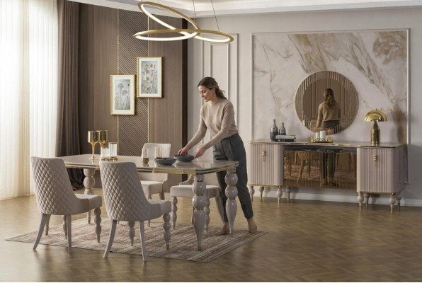Beige dining set designer dining room furniture dining table chairs sideboard 9-piece set