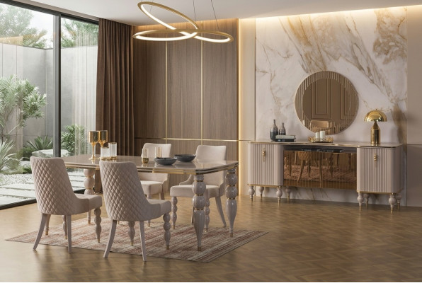 Beige dining set designer dining room furniture dining table chairs sideboard 9-piece set