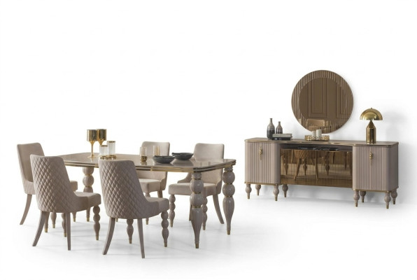 Beige dining set designer dining room furniture dining table chairs sideboard 9-piece set