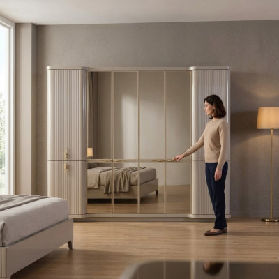 Beige wardrobe clothes cabinet bedroom wooden cabinet furniture