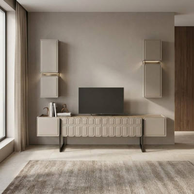 Modern living room wooden furniture designer TV cabinet with 2 wall shelves 3-piece set