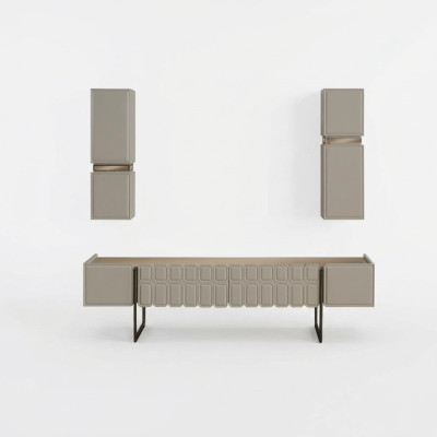 Modern living room wooden furniture designer TV cabinet with 2 wall shelves 3-piece set