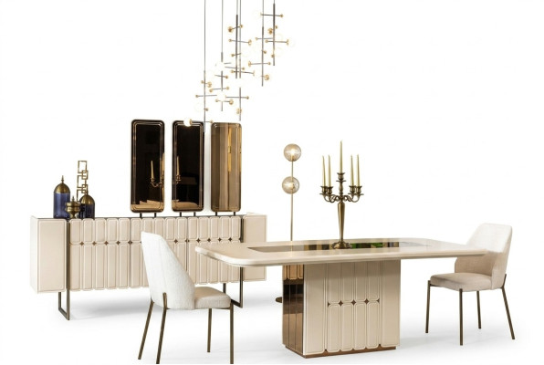 White Noble Dining Room Set Designer Stainless Steel Table Luxurious x6 Chairs