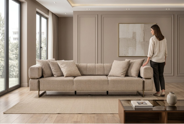 Beige four-seater designer fabric sofa upholstered sofas living room couches