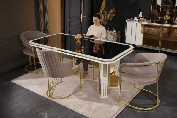 Luxury Dining Room Set Dining Group Dining Corner Dining Table Chairs Beige 7-piece Set