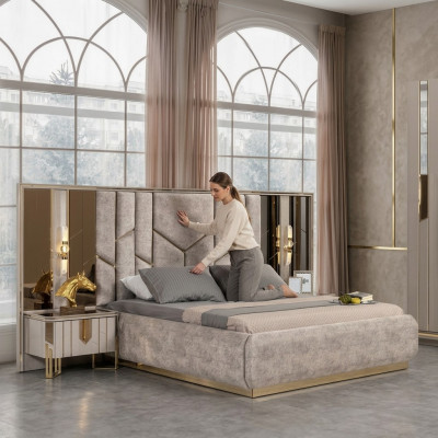 Bedroom Double Bed Set Bed Nightstands 3-piece Beige Luxury