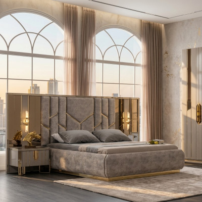Bedroom Double Bed Set Bed Nightstands 3-piece Beige Luxury