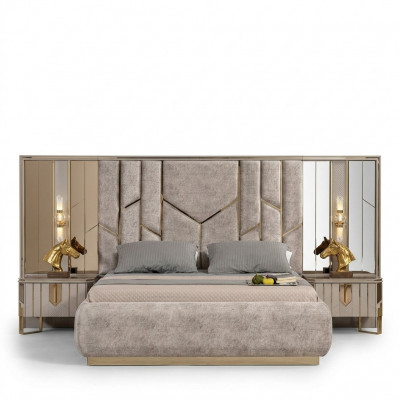Bedroom Double Bed Set Bed Nightstands 3-piece Beige Luxury