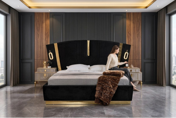 Bedroom double bed set bed nightstands 3-piece luxury black