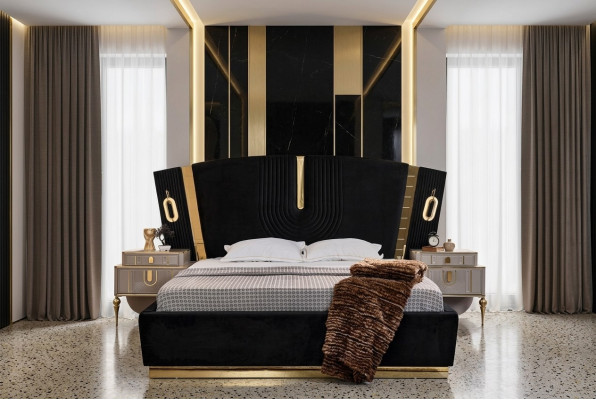 Bedroom double bed set bed nightstands 3-piece luxury black