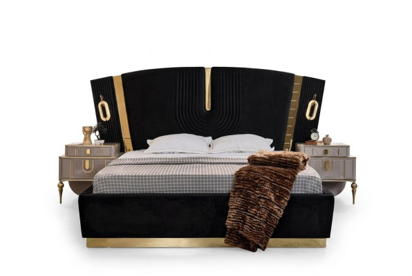 Bedroom double bed set bed nightstands 3-piece luxury black