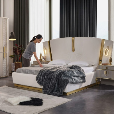 Bedroom double bed set, bed bedside tables, white 3-piece luxury