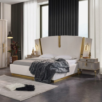 Bedroom double bed set, bed bedside tables, white 3-piece luxury