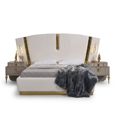 Bedroom double bed set, bed bedside tables, white 3-piece luxury