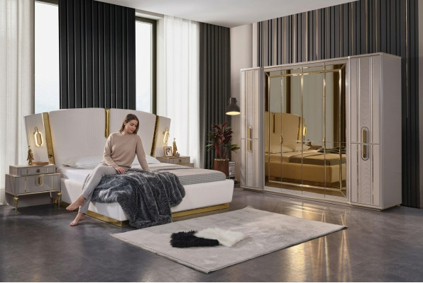 Double bed set Bedroom bed bedside tables 4 pcs Beige wardrobe