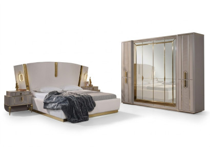 Double bed set Bedroom bed bedside tables 4 pcs Beige wardrobe