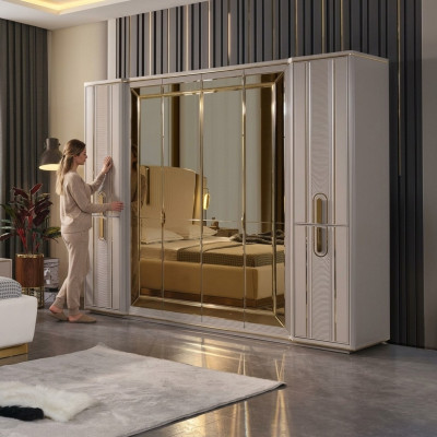Luxury Wardrobe Wooden Closet Wardrobe with Mirror Beige