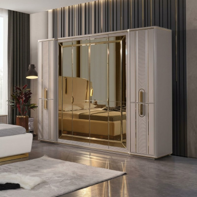 Luxury Wardrobe Wooden Closet Wardrobe with Mirror Beige