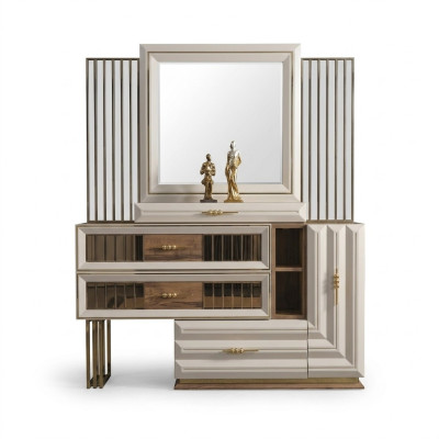 Vanity table, dressing table, makeup console, console table, beige, girl.