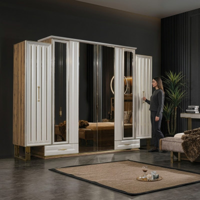 Wardrobe Luxury Closet Wooden Wardrobe with Mirror Beige
