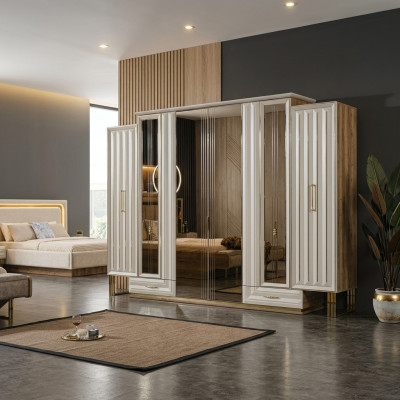 Wardrobe Luxury Closet Wooden Wardrobe with Mirror Beige