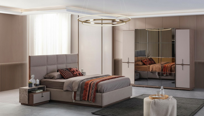 Complete bedroom double bed nightstands gray 4-piece wardrobe