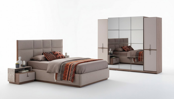 Complete bedroom double bed nightstands gray 4-piece wardrobe