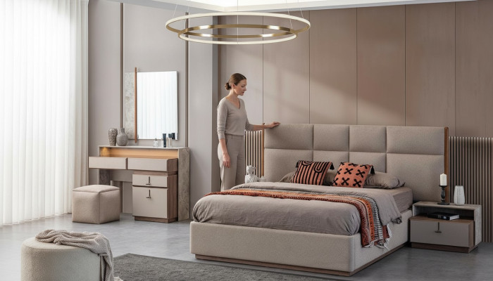 Luxury bedroom furniture double bed nightstands gray 6-piece wardrobe bed