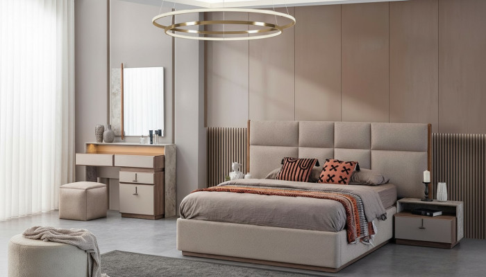 Luxury bedroom furniture double bed nightstands gray 6-piece wardrobe bed