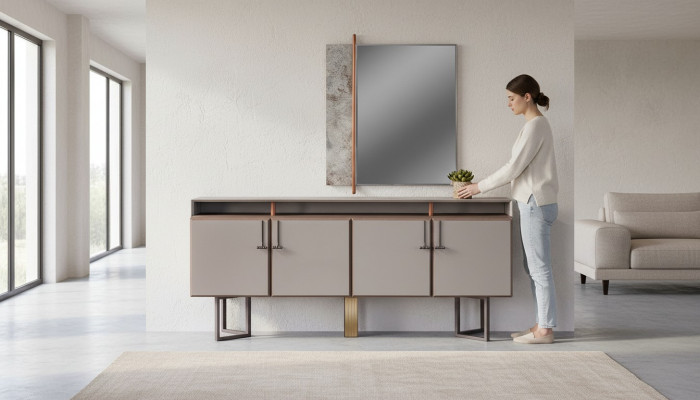 Sideboard set with mirror, sideboard, cabinet, wood, chest of drawers, gray