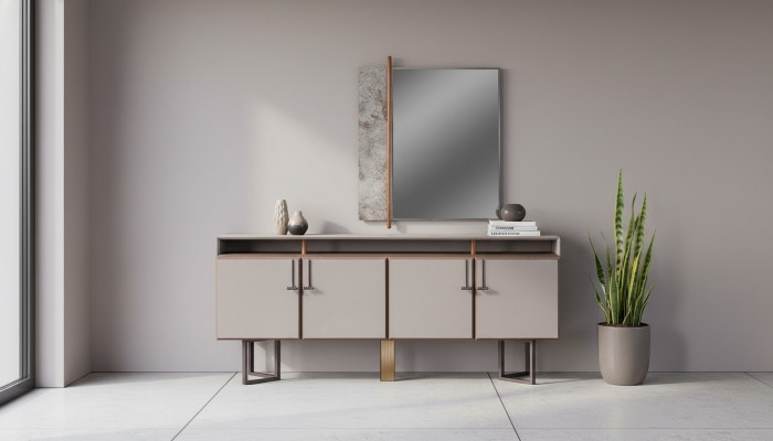 Sideboard set with mirror, sideboard, cabinet, wood, chest of drawers, gray