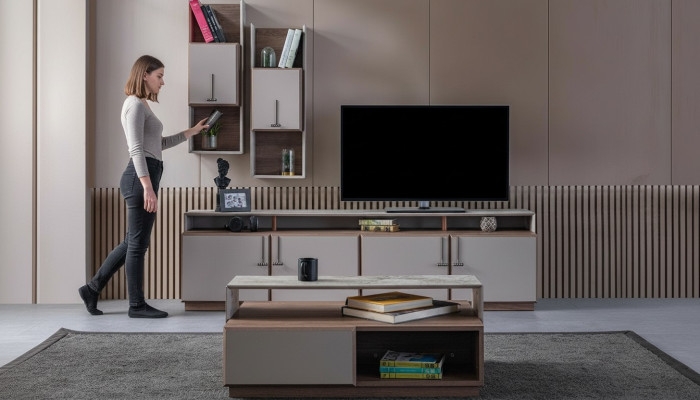 Group living room TV stand wall cabinets lowboard gray coffee table 3-piece set