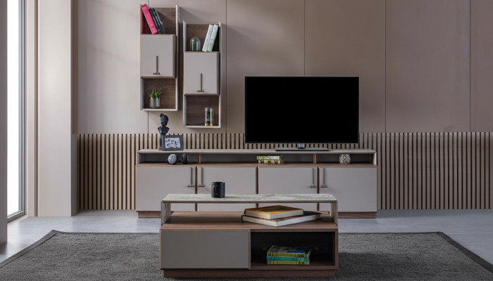 Group living room TV stand wall cabinets lowboard gray coffee table 3-piece set