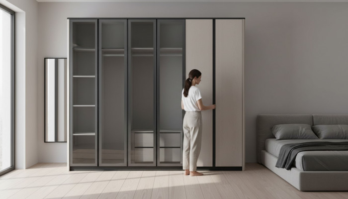 Wooden cabinet, wardrobe, closet, cloakroom cabinet, modern gray