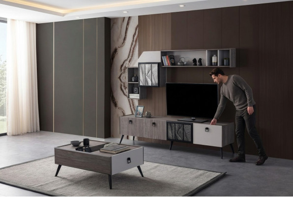 Group Living Room TV Stand Wall Cabinets Sideboard Gray Coffee Table 3-piece Set