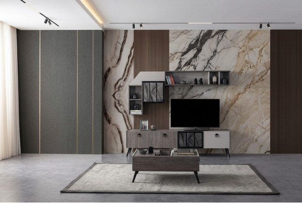 Group Living Room TV Stand Wall Cabinets Sideboard Gray Coffee Table 3-piece Set