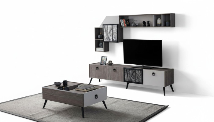 Group Living Room TV Stand Wall Cabinets Sideboard Gray Coffee Table 3-piece Set