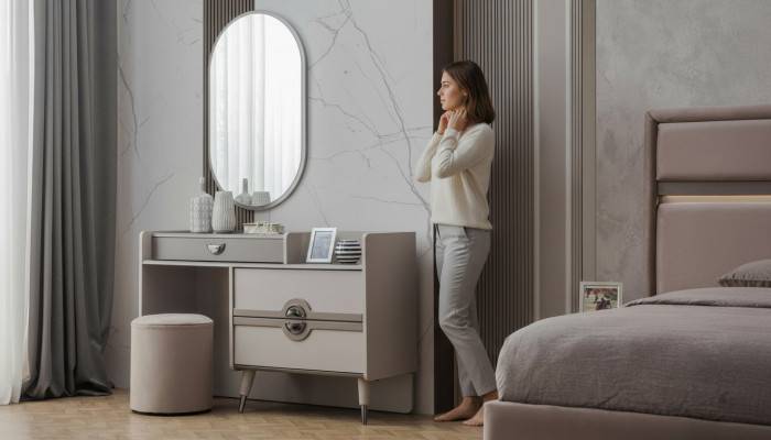 Group Vanity Table Dressing Table Mirror Console Table Gray 3-piece Set