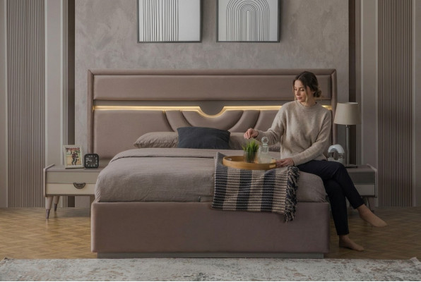 Double bed bedroom bed bedside tables beige 3-piece set bed box