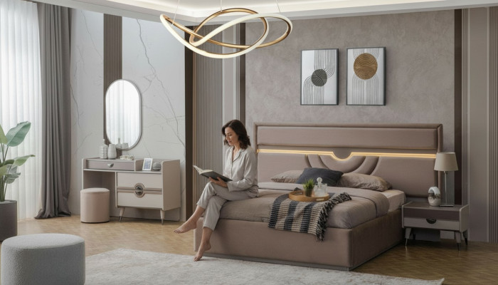 Set double bed, bed, nightstands, beige, 6-piece, dressing table, modern