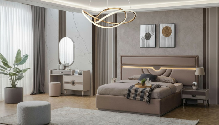 Set double bed, bed, nightstands, beige, 6-piece, dressing table, modern