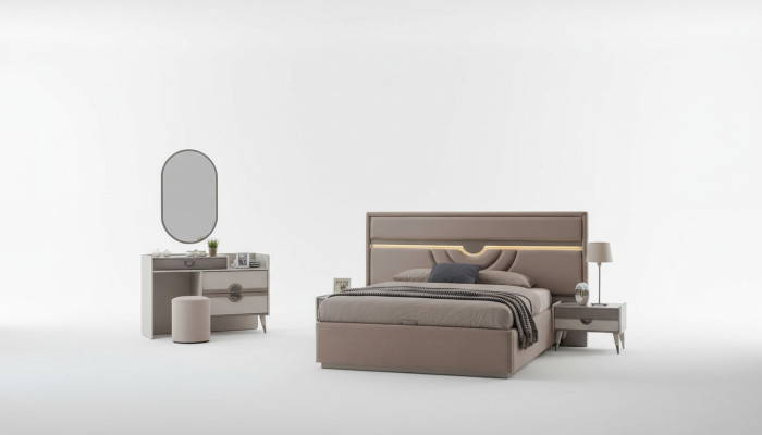 Set double bed, bed, nightstands, beige, 6-piece, dressing table, modern