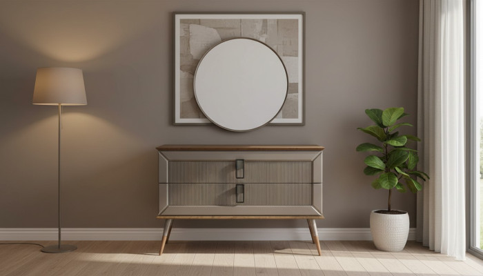 Brown Designer Dresser Elegant Round Mirror Luxury Vanity Set 2-piece
