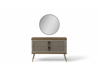 Brown Designer Dresser Elegant Round Mirror Luxury Vanity Set 2-piece