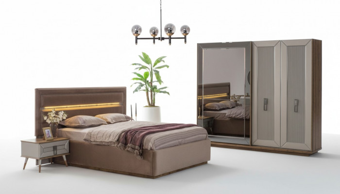 Beige Bedroom Set Modern Double Bed Glass Wardrobe 4-piece set