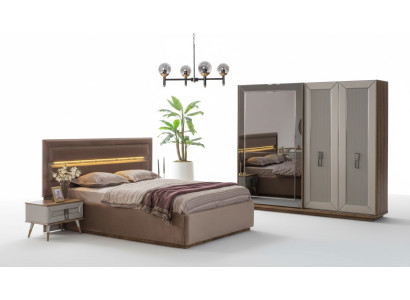 Beige Bedroom Set Modern Double Bed Glass Wardrobe 4-piece set