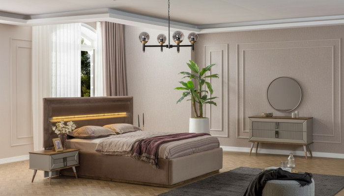 Beige Bedroom Luxury Furniture Designer Double Bed 2x Bedside Tables 5-piece Set