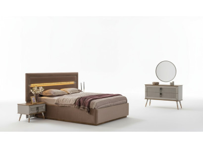 Beige Bedroom Luxury Furniture Designer Double Bed 2x Bedside Tables 5-piece Set