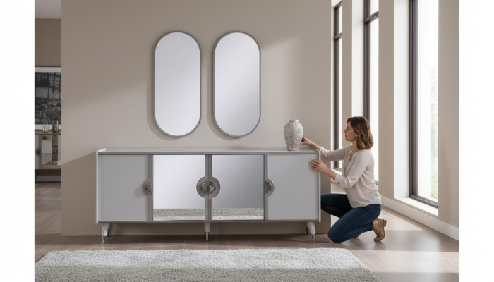 Gray furniture set, designer 4-door sideboard, exclusive 3-piece mirror