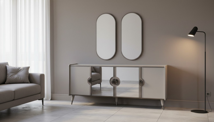 Gray furniture set, designer 4-door sideboard, exclusive 3-piece mirror